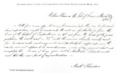 نسخة بالفاكس من رسالة إلى السير جوزيف بانكس من النقيب ماثيو فليندرز ، بتاريخ ١٨٠٦ مارس من تاريخ الاستكشاف الأسترالي من ١٧٨٨-١٨٨٨ ، ١٨٨٨ (فاكس) (صورة بالحجم الطبيعي) بواسطة ماثيو فليندرز